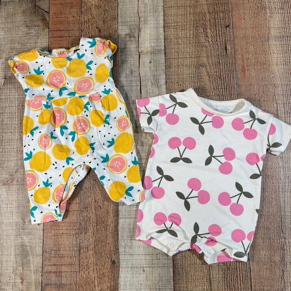 Tea Collection Cat & Jack 0-3M Fruit Romper Lot Citrus Cherry Cotton 2pc Bundle